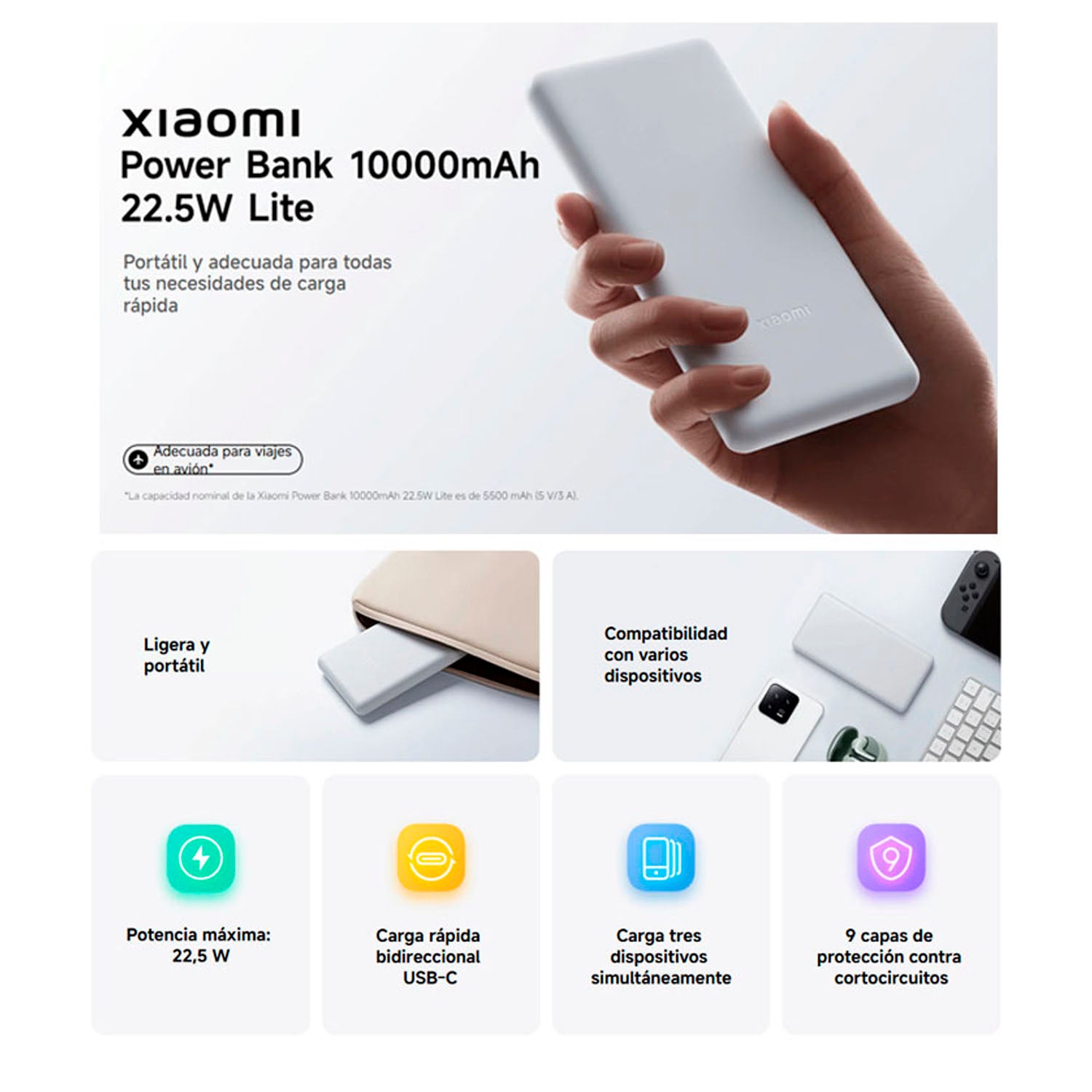 Xiaomi - Power Bank 10000mAh 22.5W Gris Carga Rápida