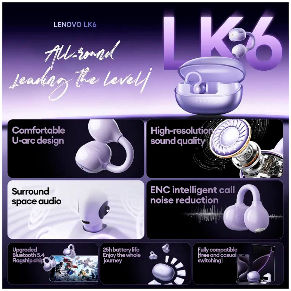 Audífonos Inalámbricos Lenovo LK6 Rosado Bluetooth 5.4