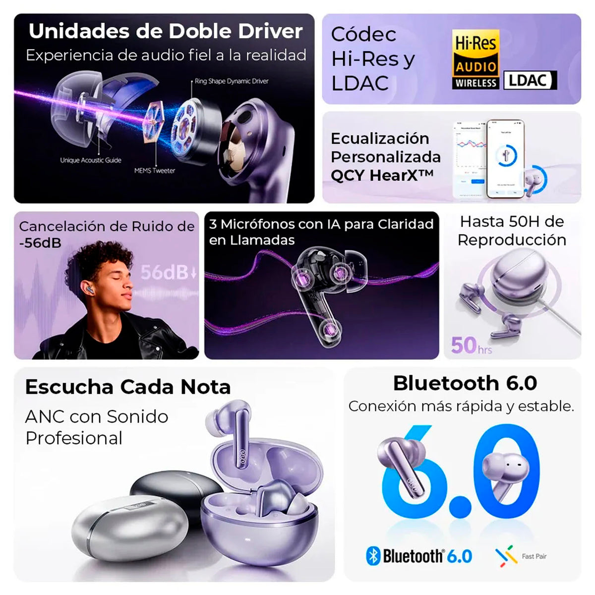 Audífonos Inalámbricos QCY MeloBuds N70 Plateado Bluetooth 6.0 ANC