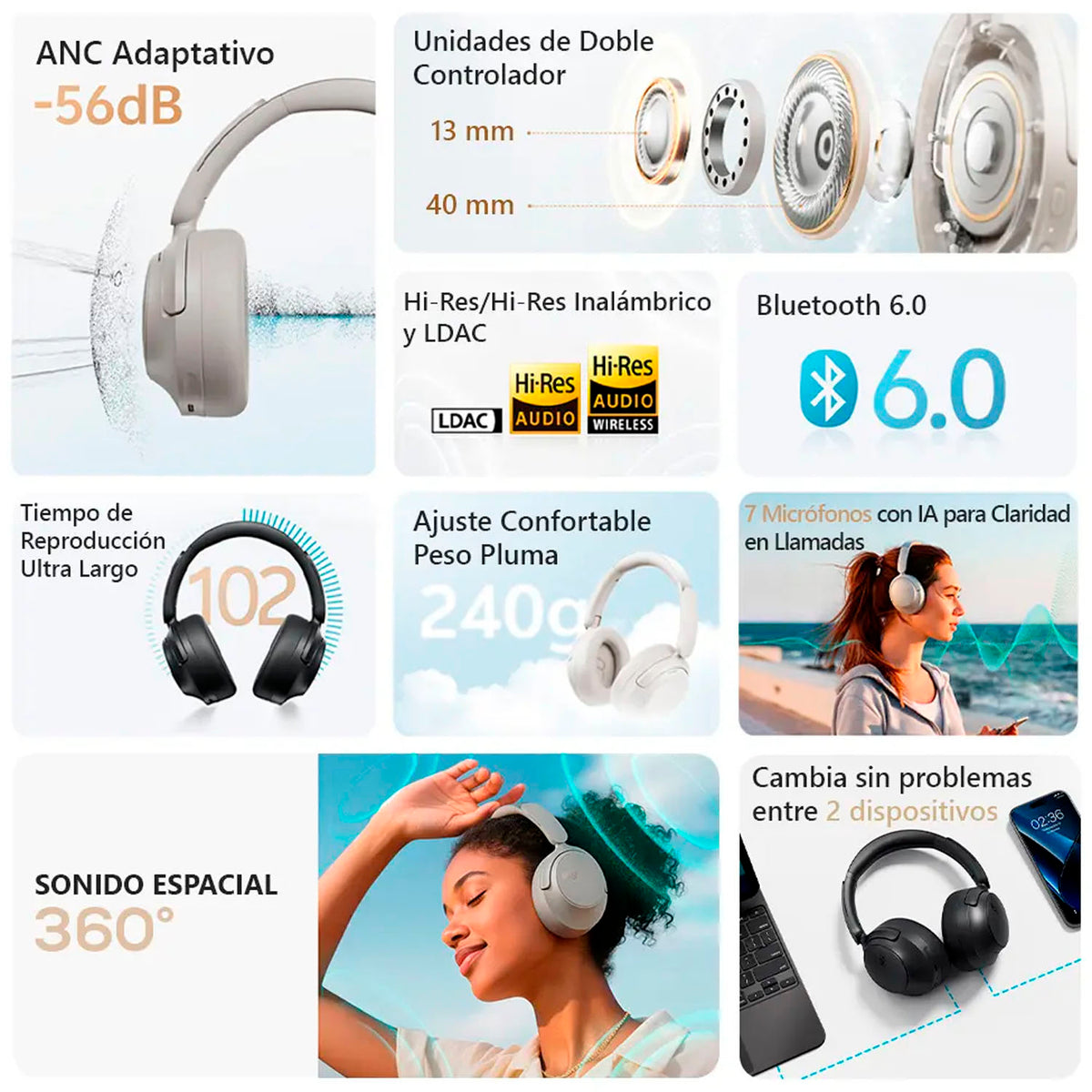 Audífonos Inalámbricos QCY H3S Blanco Bluetooth 6.0 ANC