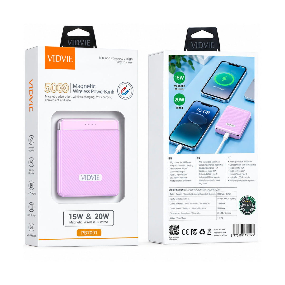 Power Bank Magnético Vidvie PB799 Blanco 5000mAh 20W