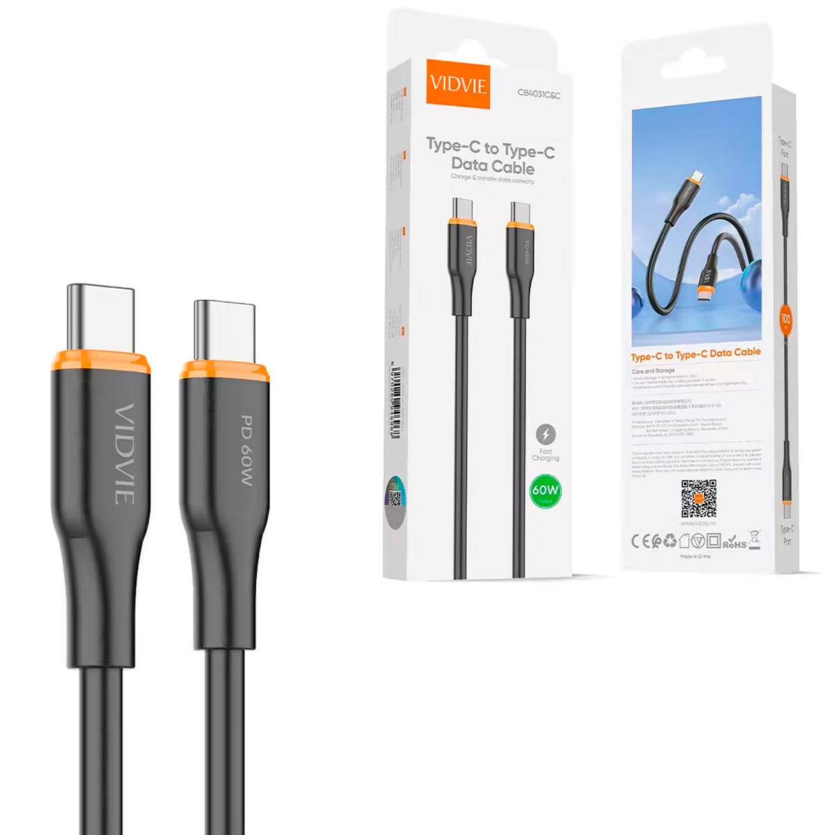 Cable de Carga Vidvie  CB4031C&C Negro 60W 1m C-C