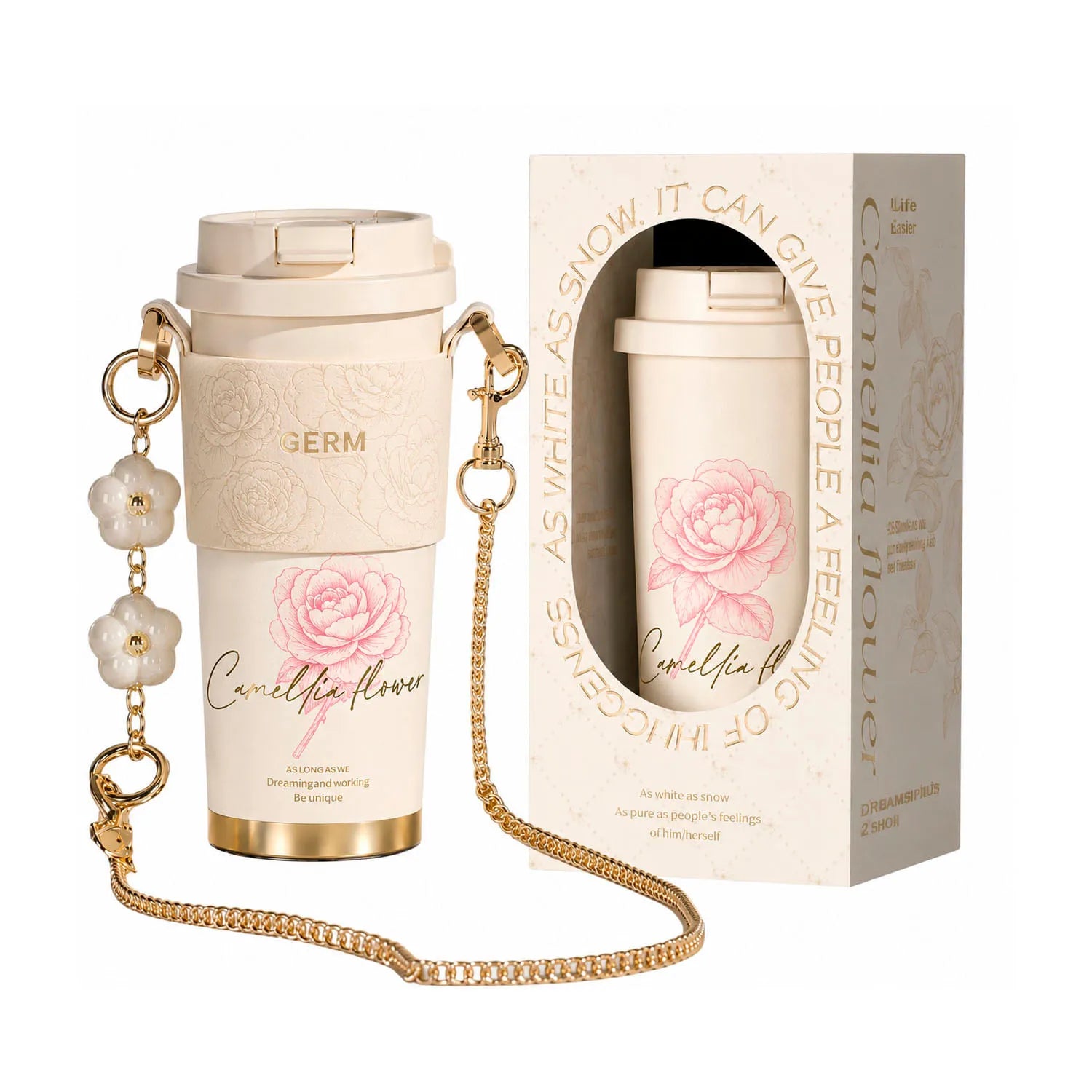 Germ - Vaso Térmico Camellia 500ml Blanco-Rosa Acero Inoxidable