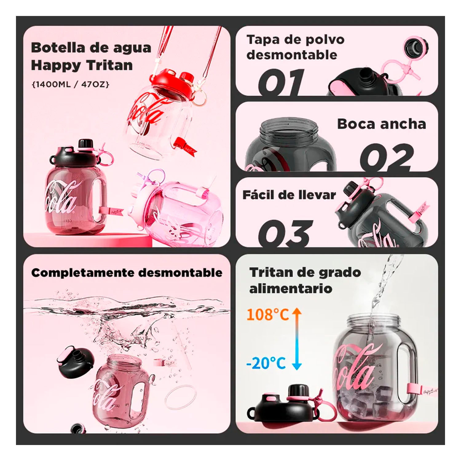 GERM - Tomatodo Tritan Coca-Cola Rosa 1400ml Libre de BPA