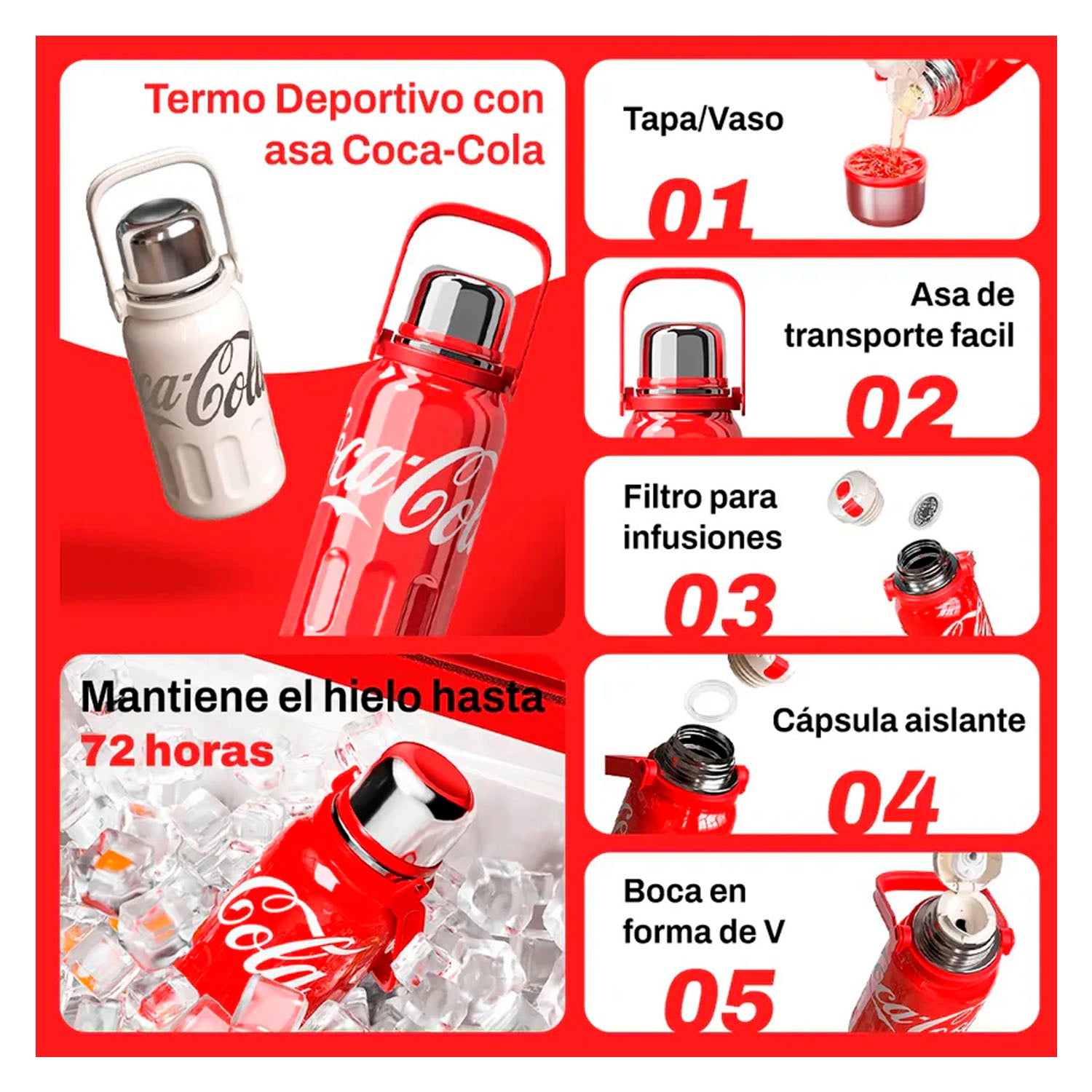 GERM - Termo Deportivo Coca-Cola Rosa 800ml con Tapa Taza