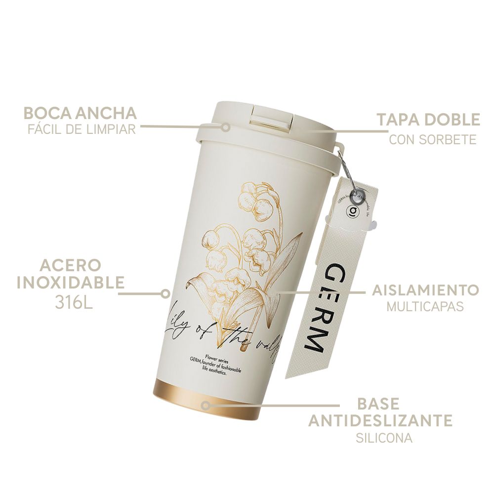 GERM - Vaso Térmico Clover Beige Peonías 500ml Acero Inoxidable
