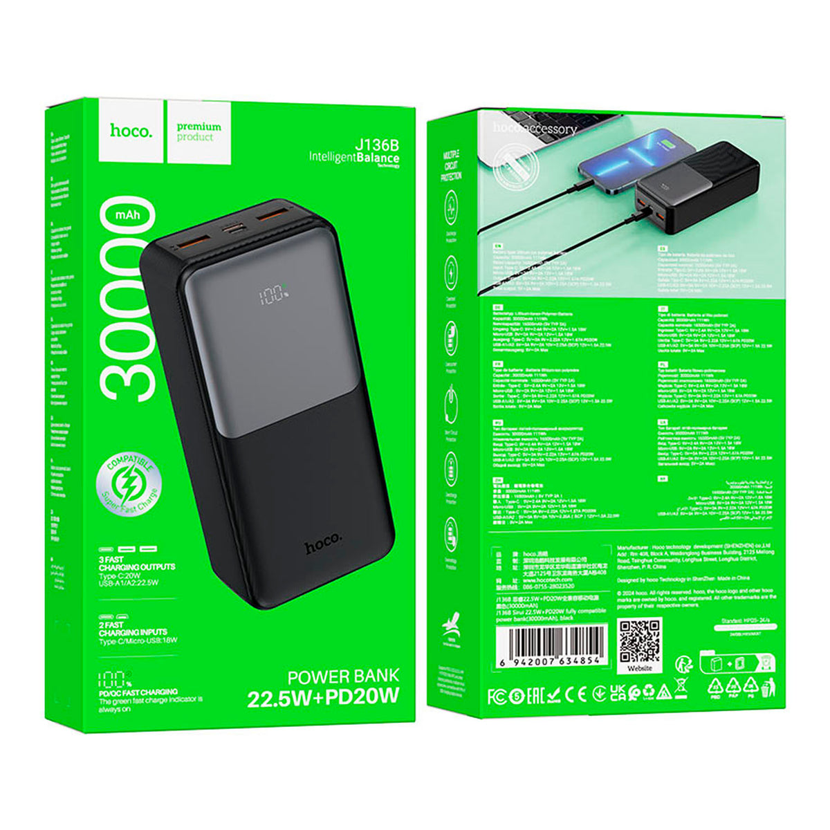 Power Bank Hoco J136B Negro 30000mAh PD 20W + QC 22.5W
