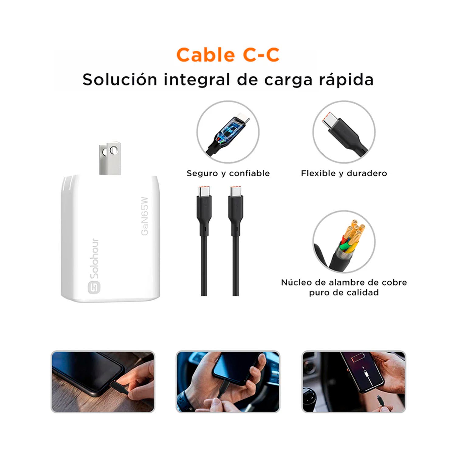 SOLOHOUR - Cargador Rápido GaN 65W Negro con Cable USB-C a USB-C 3 en 1