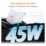 SOLOHOUR - Cargador Rápido GaN 45W Blanco con Cable USB-C a USB-C