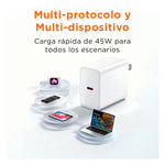 SOLOHOUR - Cargador Rápido GaN 45W Negro con Cable USB-C a USB-C