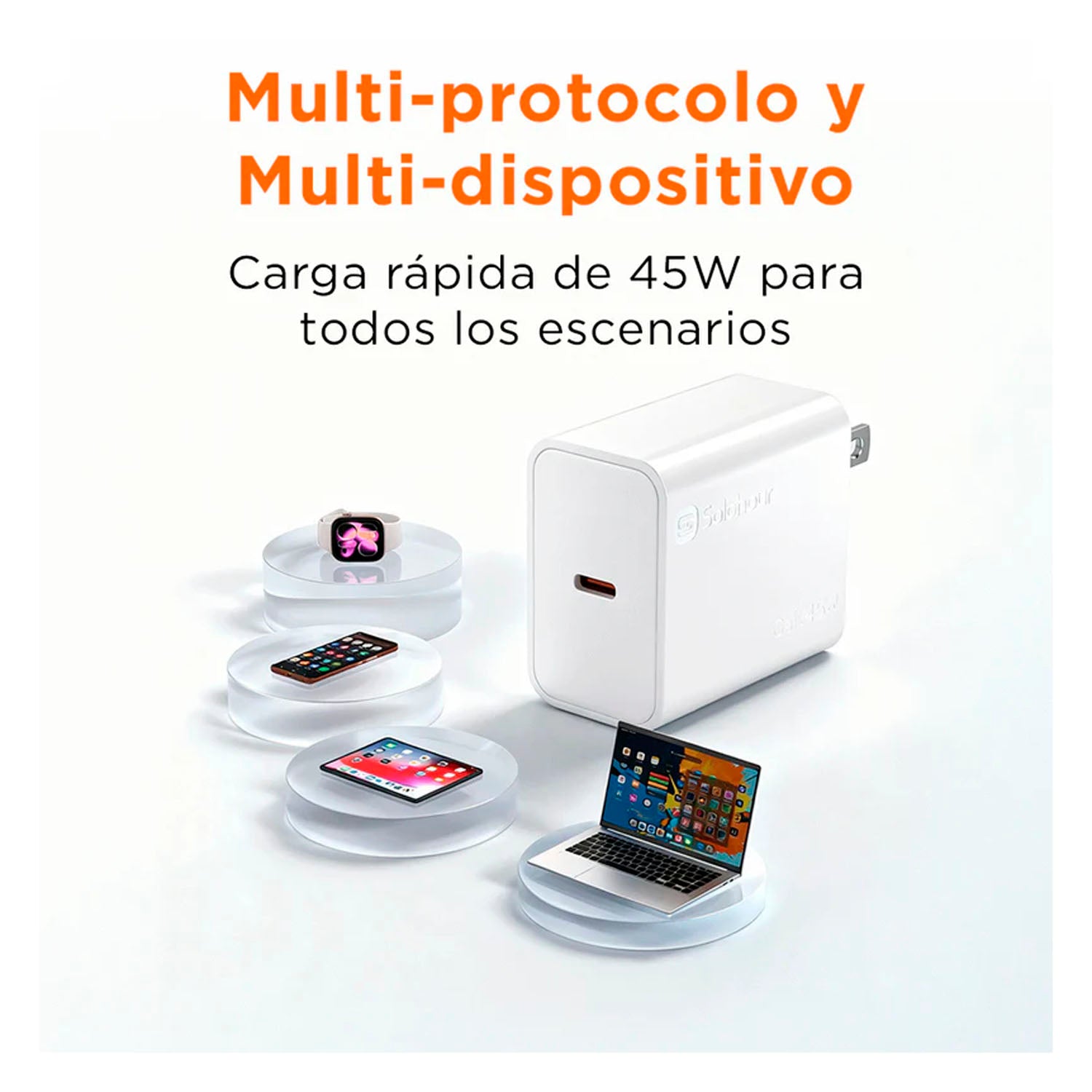 SOLOHOUR - Cargador Rápido GaN 45W Negro con Cable USB-C a USB-C