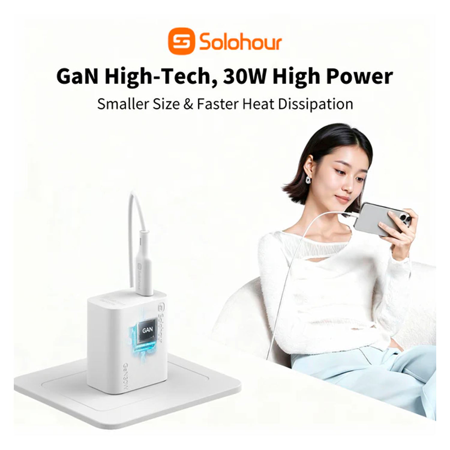 SOLOHOUR - Cargador Rápido GaN 30W Blanco con Cable Type-C a Type-C
