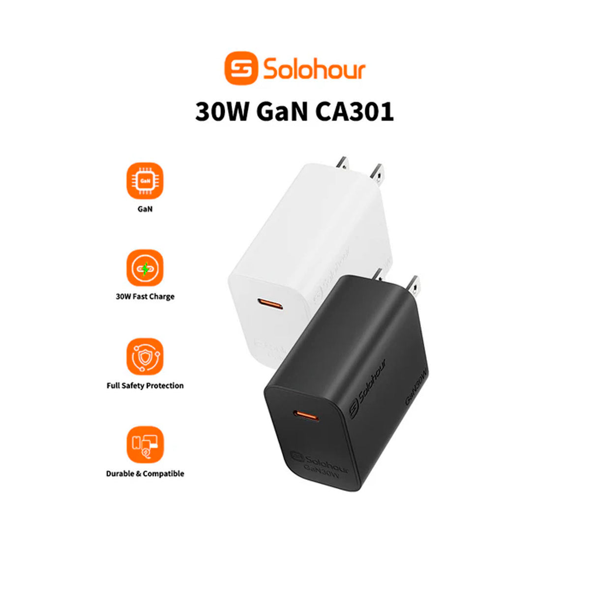 Cargador Rápido Solohour GaN 30W Negro con Cable Type-C