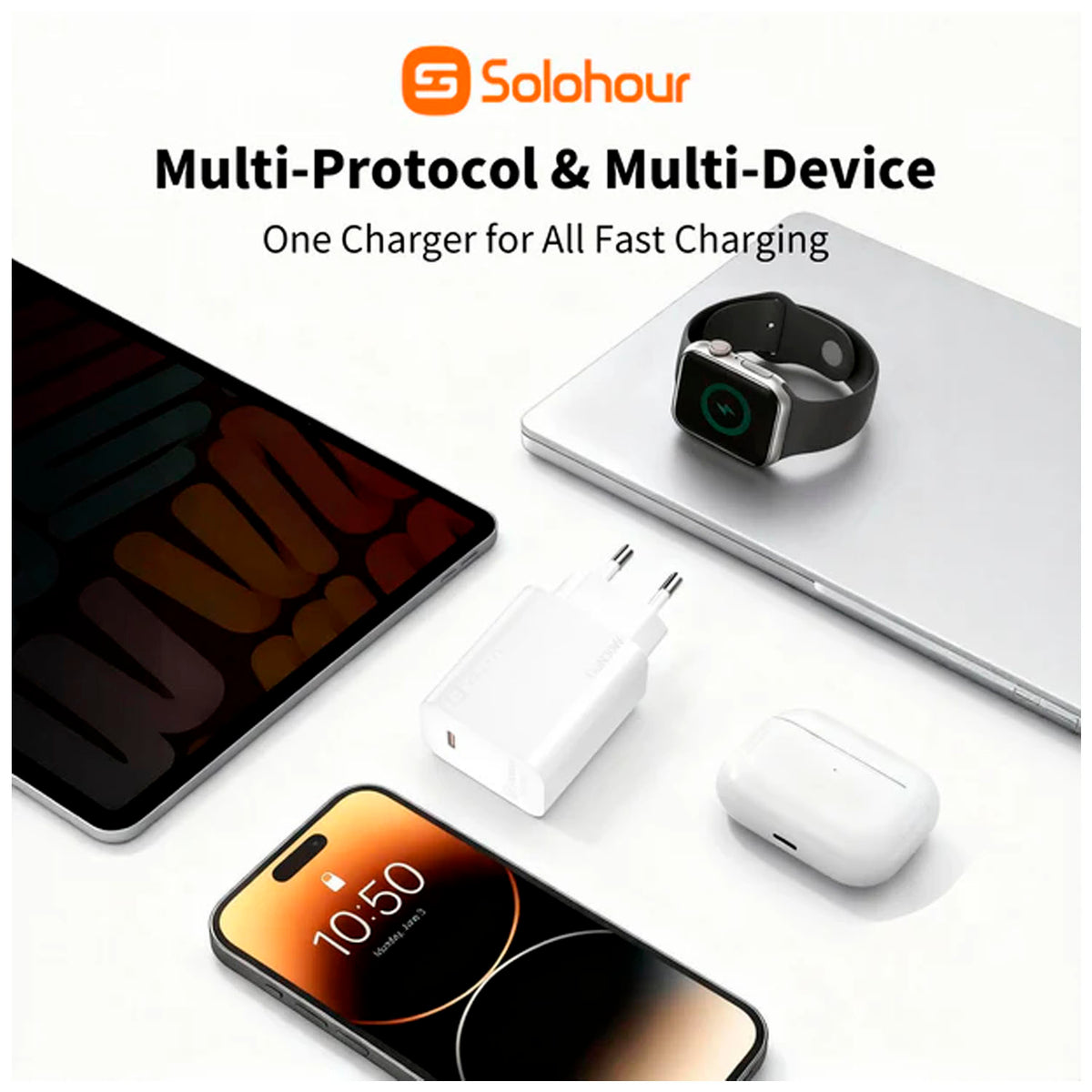 Kit Cargador Rápido SoloHour A301L 30W GaN + Cable USB-C a Lightning
