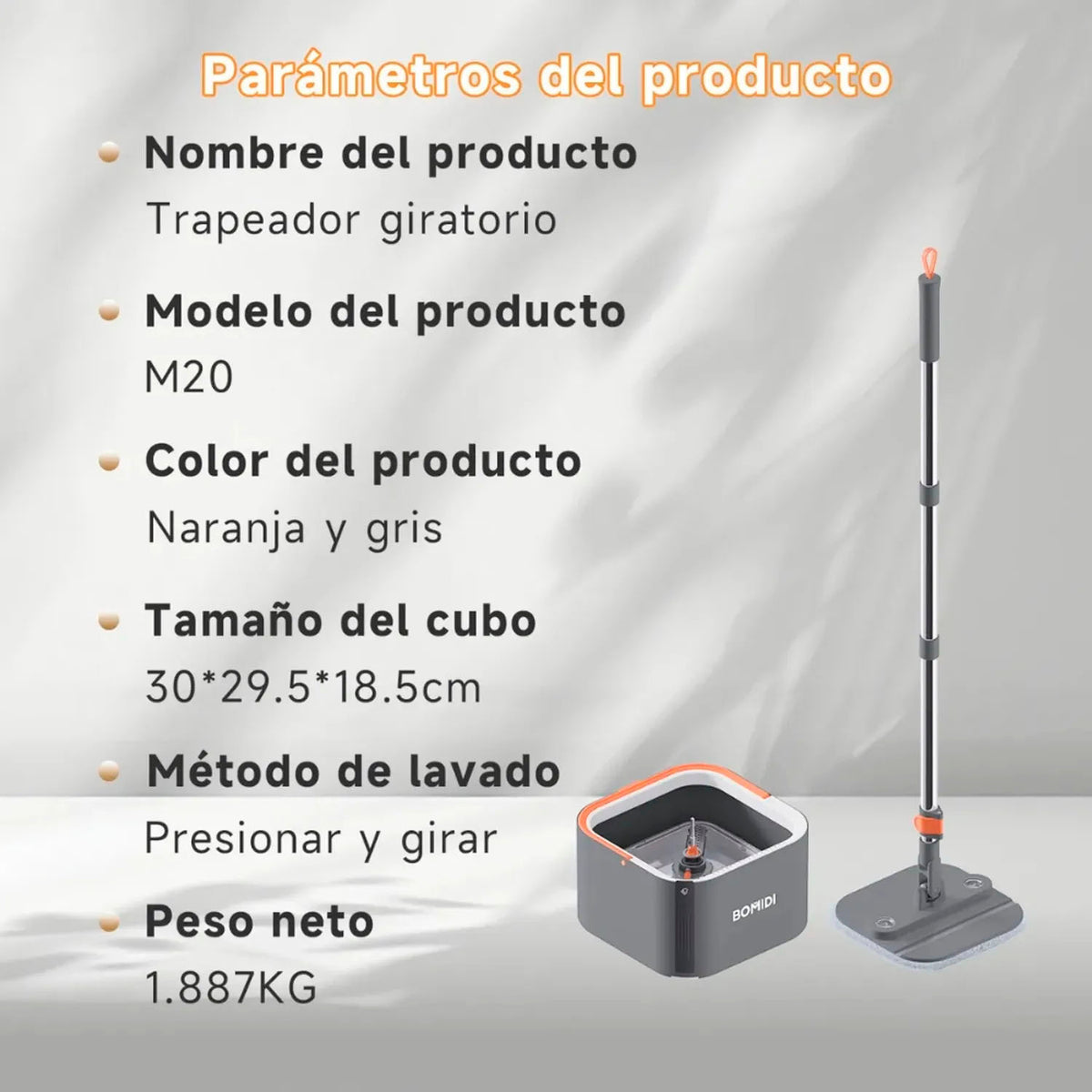 Bomidi - Trapeador Giratorio M20 Gris 3 en 1 Doble Compartimento