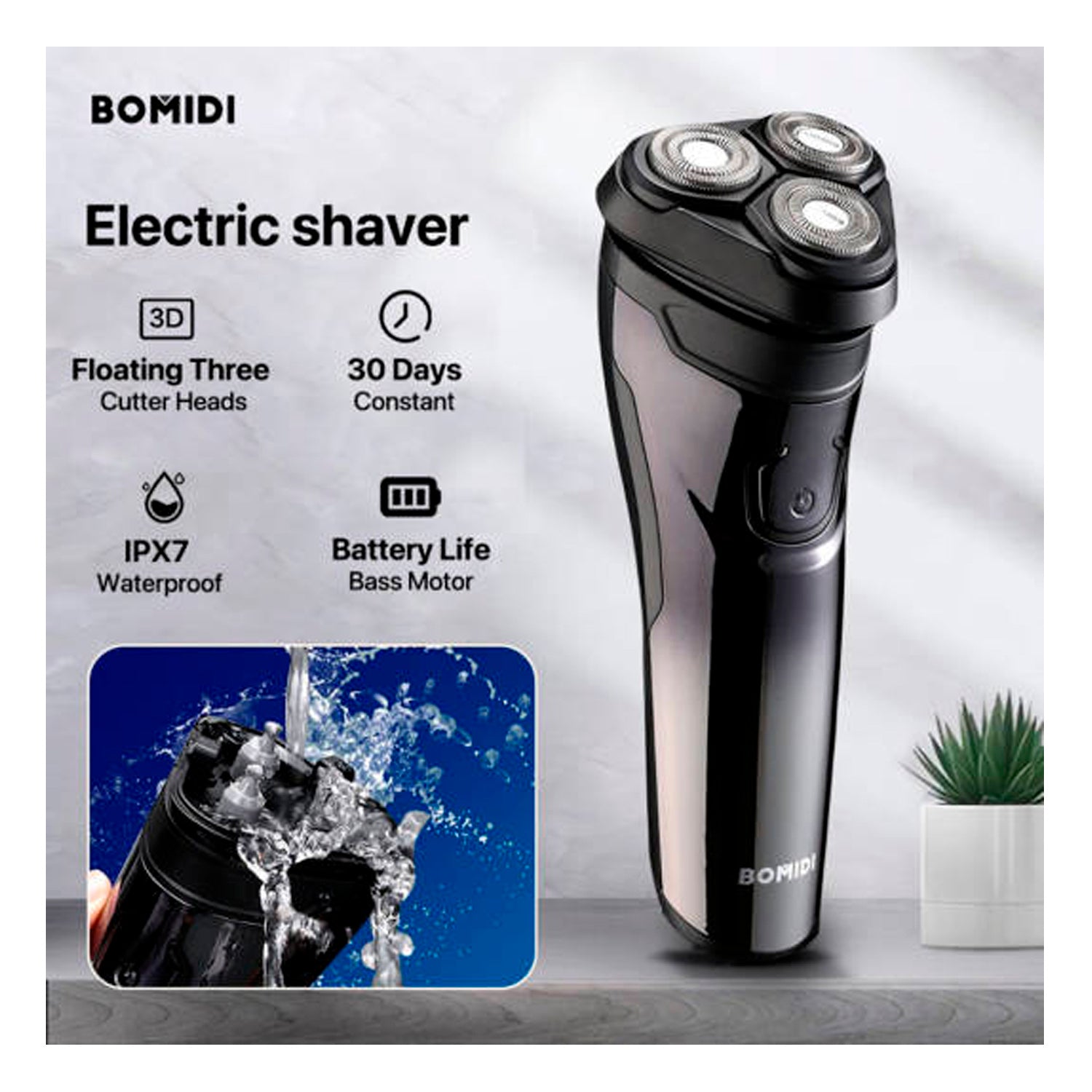 Bomidi - Afeitadora Eléctrica M3 Negro Cabezal 3D IPX7