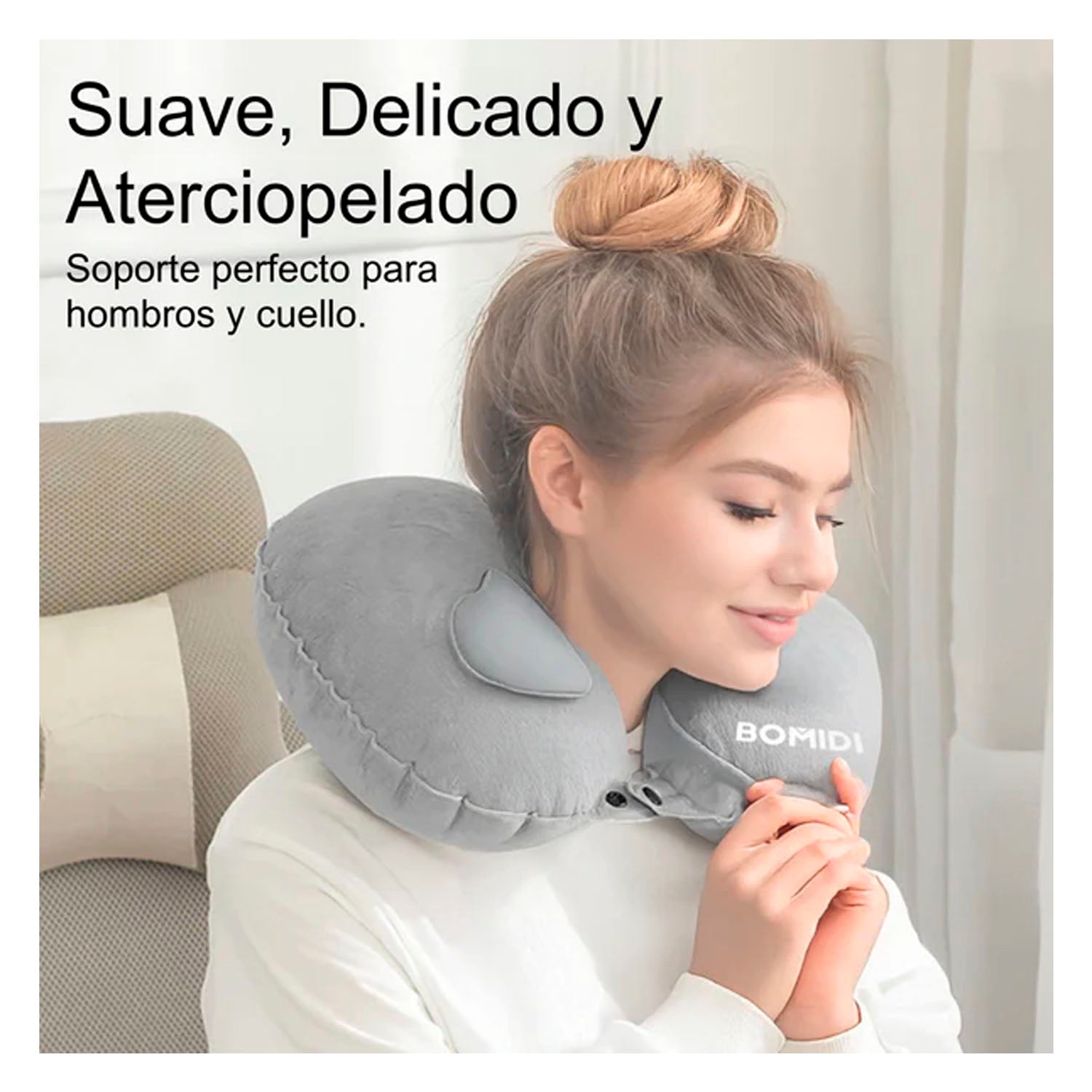 BOMIDI - Almohada de Cuello U02 Gris Inflable para Viaje