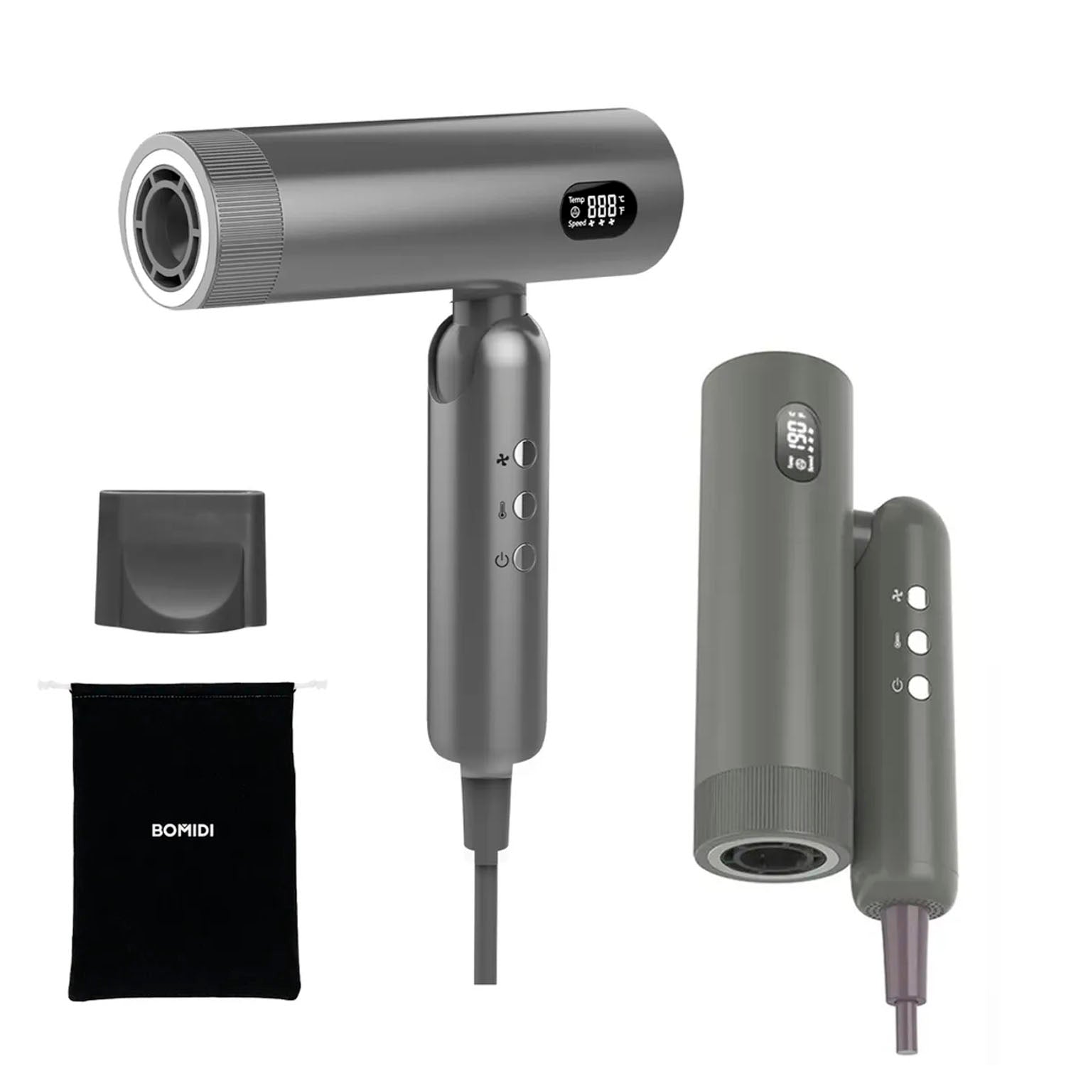 BOMIDI - Secadora de Cabello Profesional HD08 Gris Plegable 90° Multivoltaje