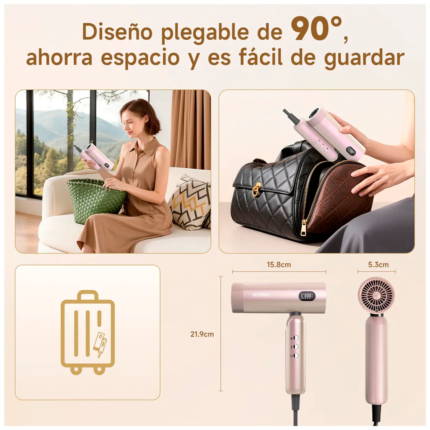 BOMIDI - Secadora de Cabello Profesional HD08 Plegable Dorado Multivoltaje