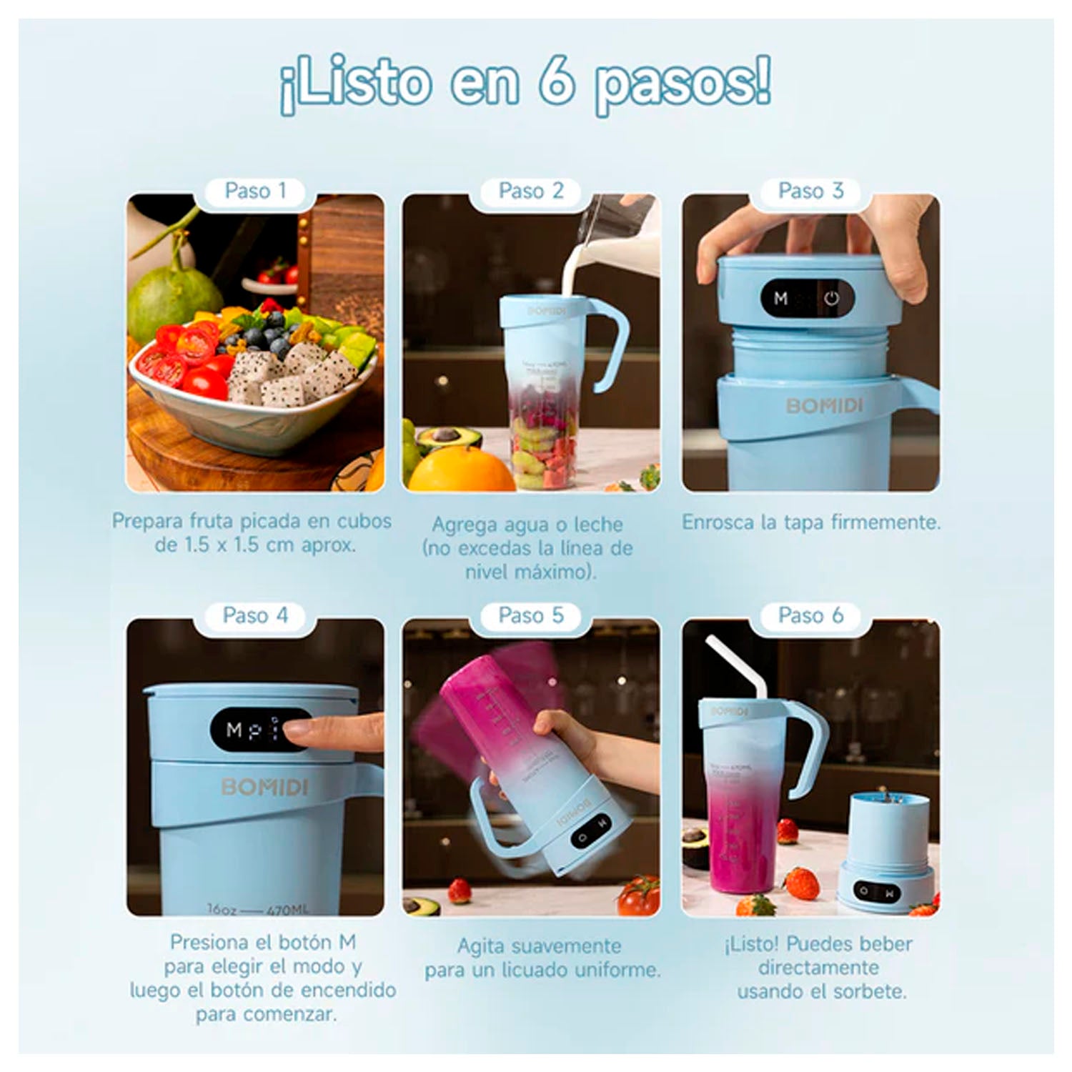 BOMIDI - Licuadora Portátil JB01 Celeste 380ml Recargable USB
