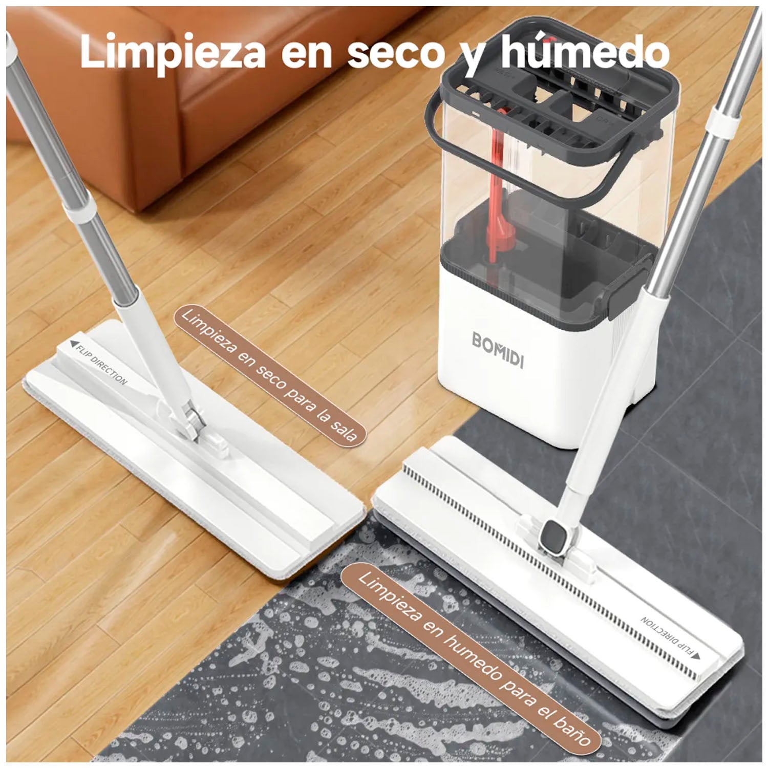 BOMIDI - Trapeador Escurridor M21 Blanco 360° con Sistema de Agua Limpia y Sucia