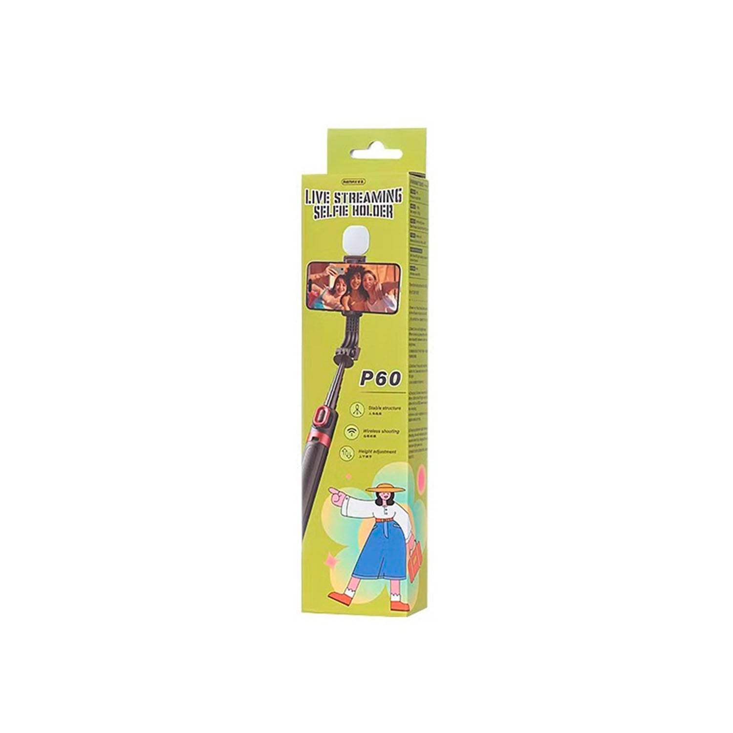 REMAX - Selfie Trípode P60 Negro 1.3 m Bluetooth 360° con Luz LED