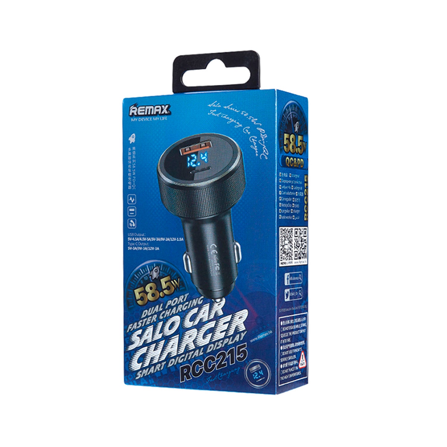 REMAX - Cargador para Auto RCC215 Negro 58W USB-A + USB-C Carga Rápida