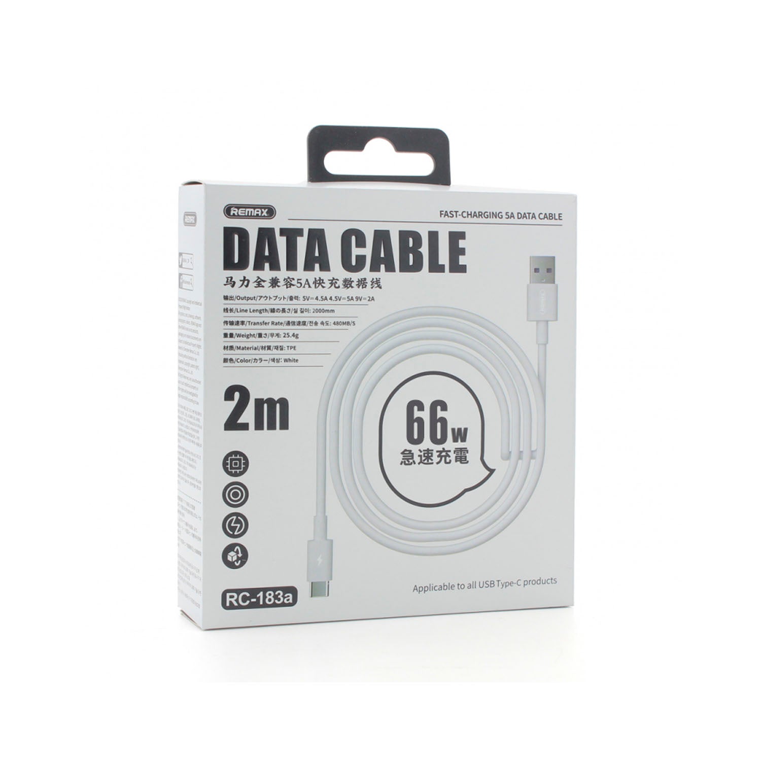 REMAX - Cable RC-183A USB a USB Tipo-C Blanco 6A Carga Rápida 2m