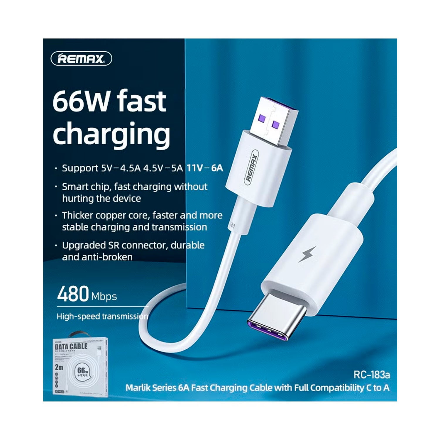REMAX - Cable RC-183A USB a USB Tipo-C Blanco 6A Carga Rápida 2m
