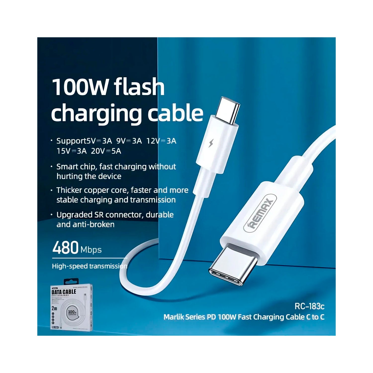 REMAX - Cable USB-C a USB-C RC-183C Blanco 2 Metros Carga Rápida PD