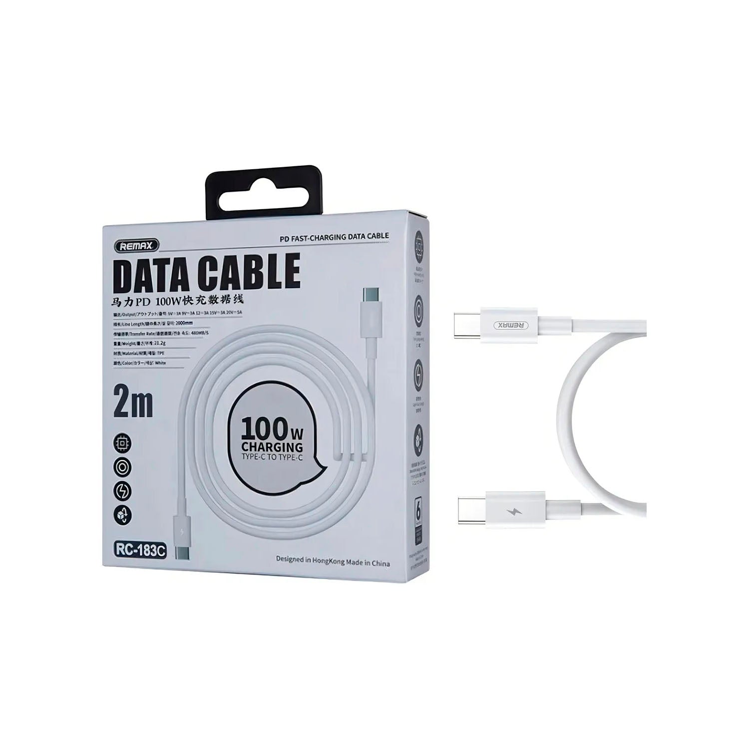REMAX - Cable USB-C a USB-C RC-183C Blanco 2 Metros Carga Rápida PD