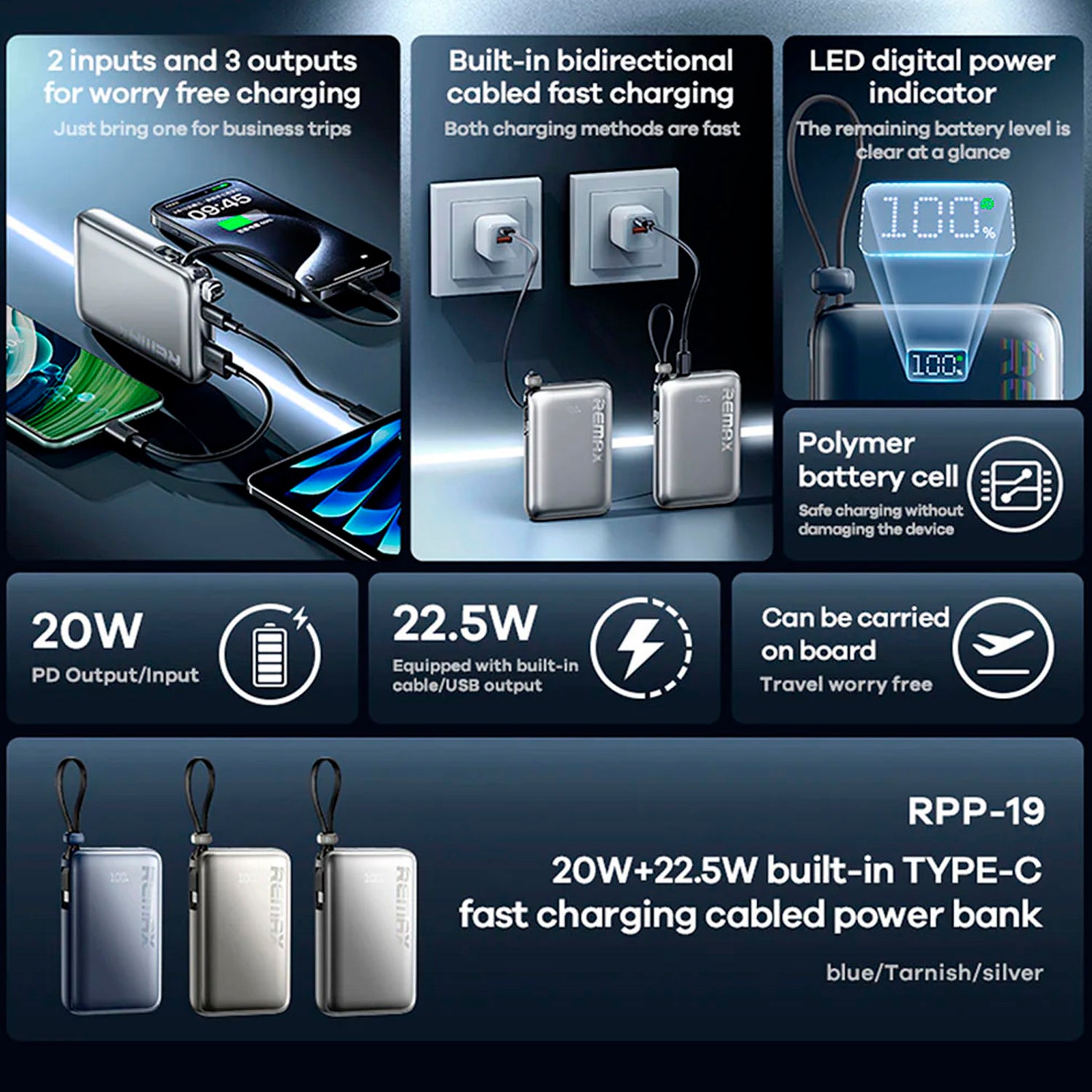 Remax - Power Bank RPP-19 Silver 10000mAh Cable Integrado