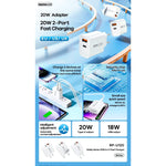 REMAX - Cargador Rápido RP-U120 Blanco 20W USB-A + USB-C