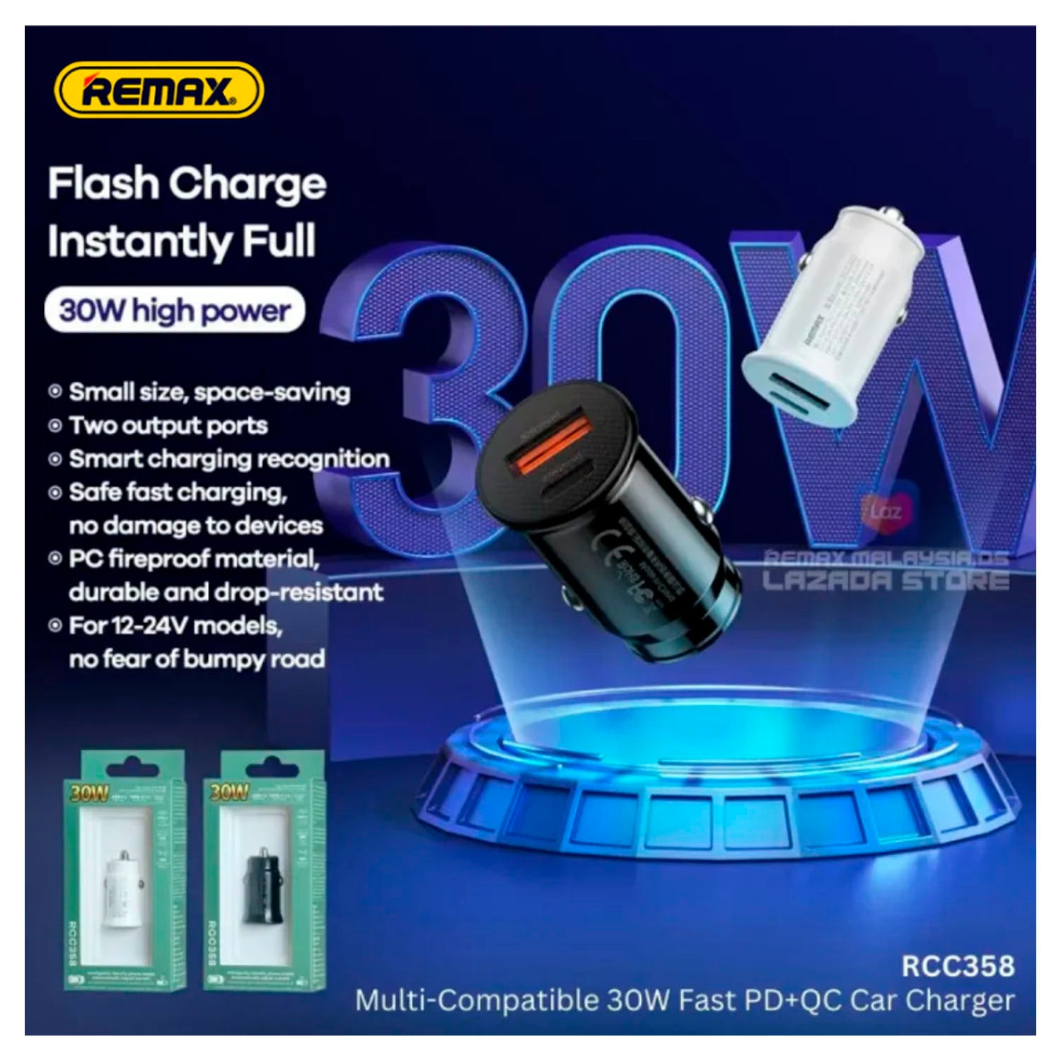 REMAX - Cargador para Auto RCC358 Negro Carga Rápida 30W USB-A + USB-C