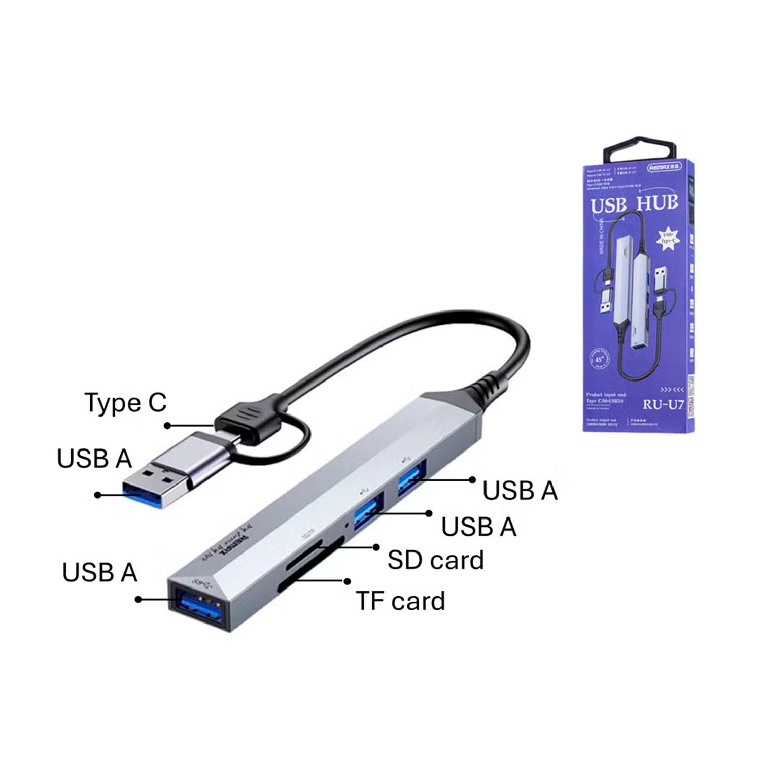 REMAX - Hub RU-U7 USB + Tipo-C Adaptador Multipuerto USB 3.0