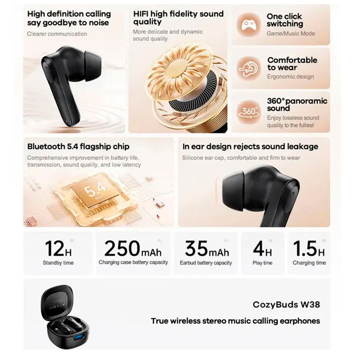 Audífonos Remax CozyBuds W38 Black Bluetooth 5.4