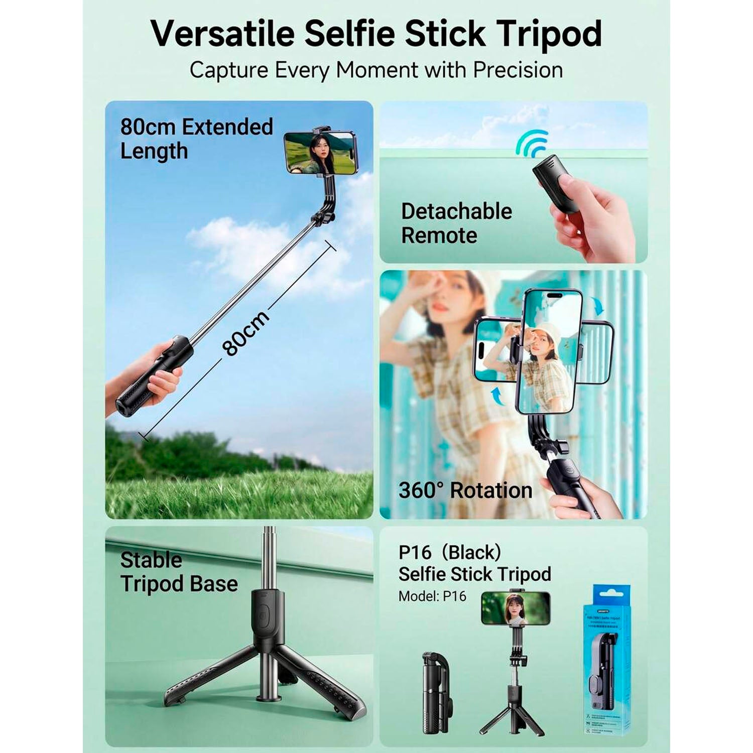 REMAX - Selfie Trípode P16 Negro 80 cm Bluetooth 360°