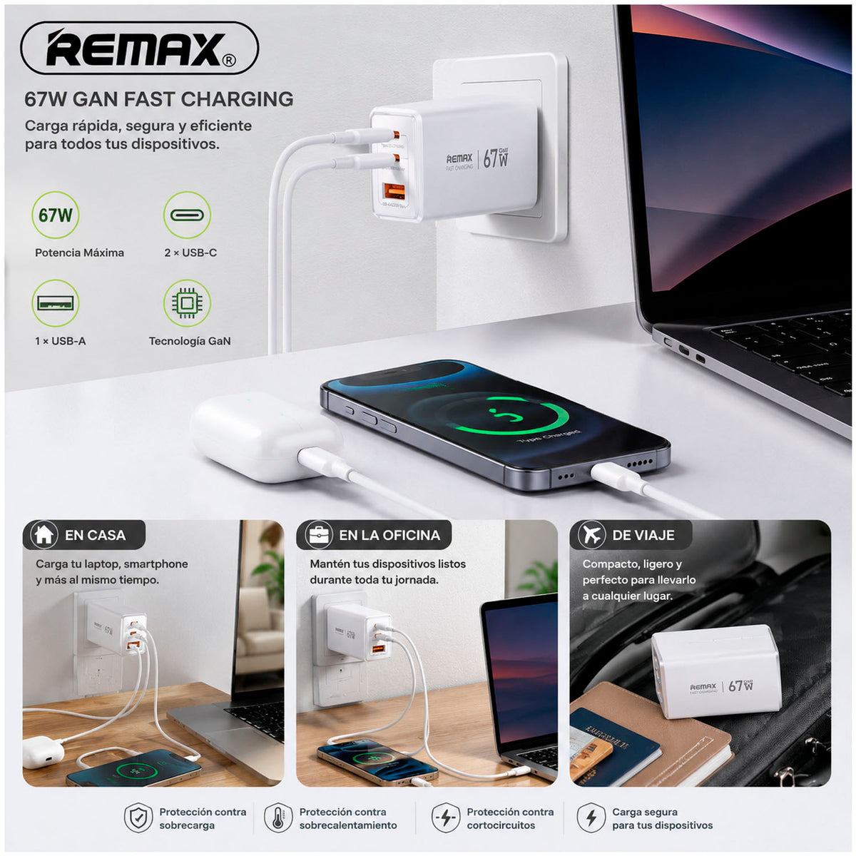Cargador Rápido Remax CA02 67W Blanco 2 USB-C + USB-A