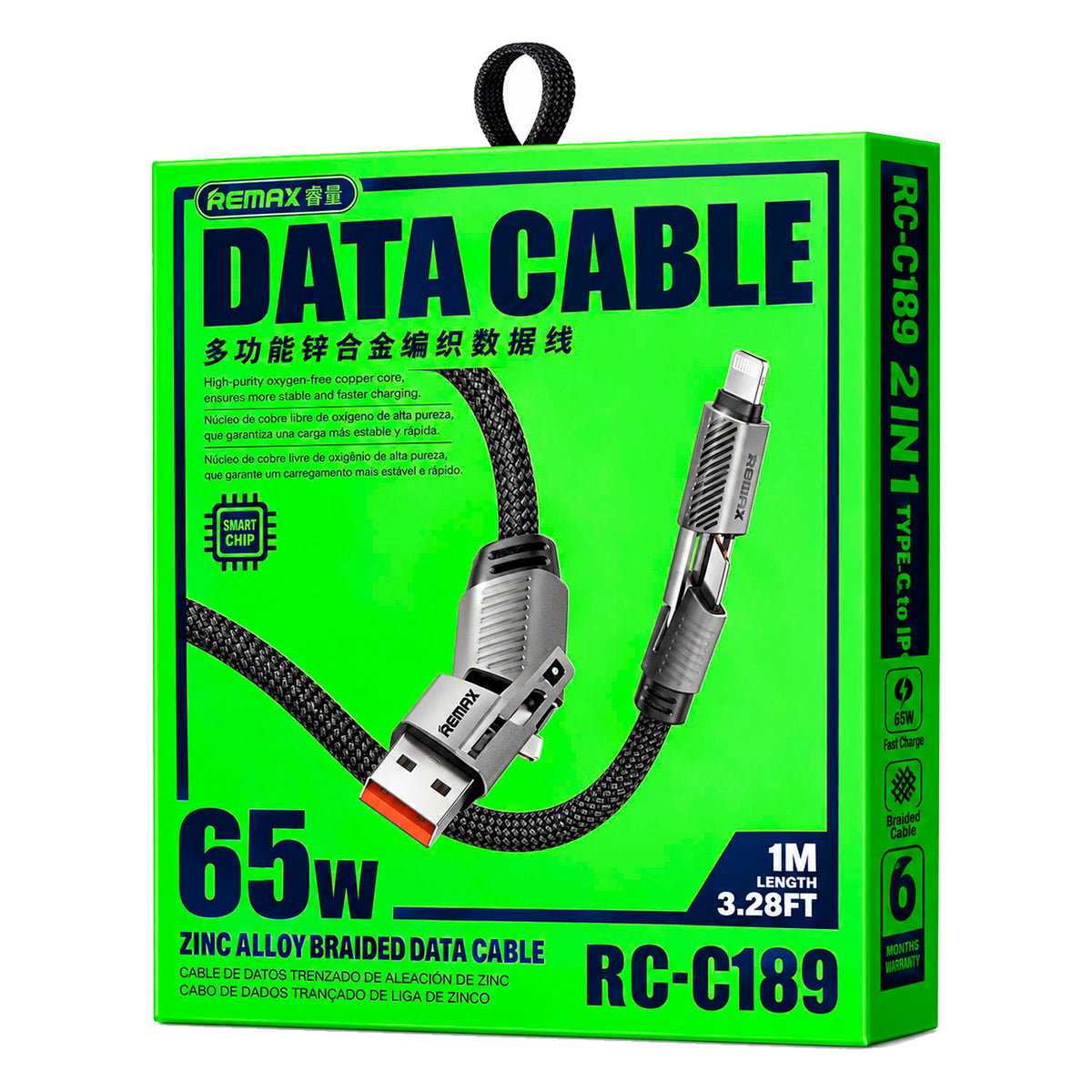 Cable de Carga Remax RC-C189 65W 4 en 1 Negro USB-C Lightning