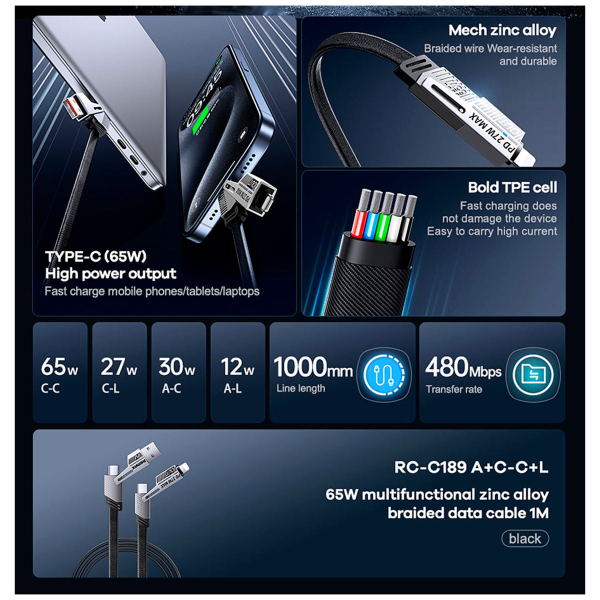 Cable de Carga Remax RC-C189 65W 4 en 1 Negro USB-C Lightning