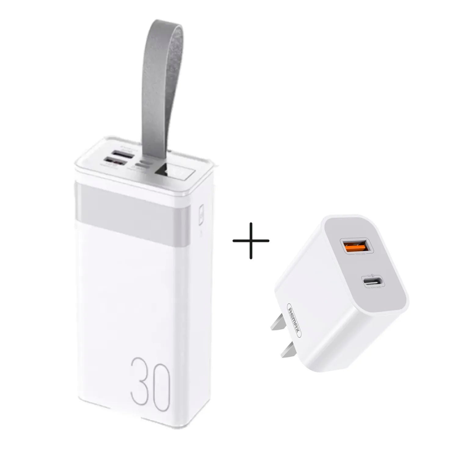 Remax - Combo RPP-320 Blanco 30000mAh + Cargador RP-U68 20W
