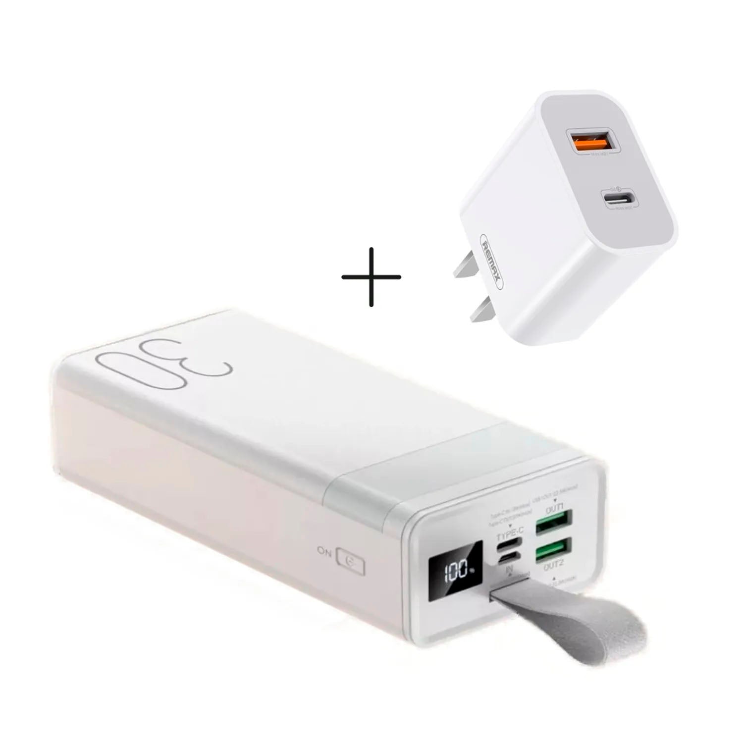 Remax - Combo RPP-320 Blanco 30000mAh + Cargador RP-U68 20W