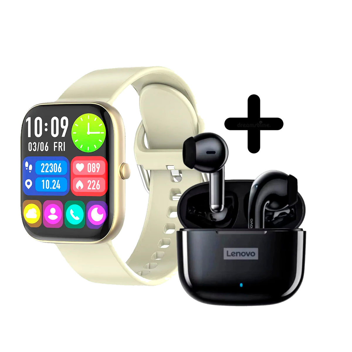 Combo Smartwatch Vidvie SW1618 Dorado + Audífonos Lenovo LP40 Pro Negro